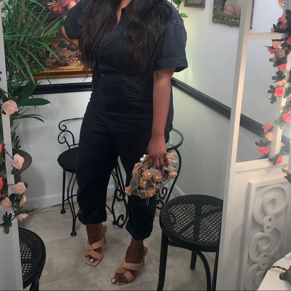 Black denim short sleeve jumpsuit